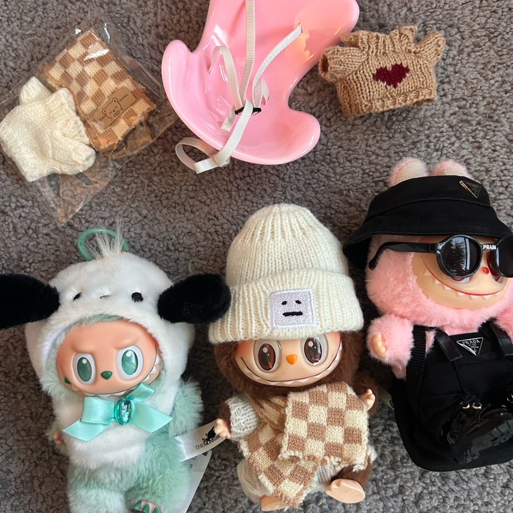 3 Labubus + Labubu Car Seat + Outfits